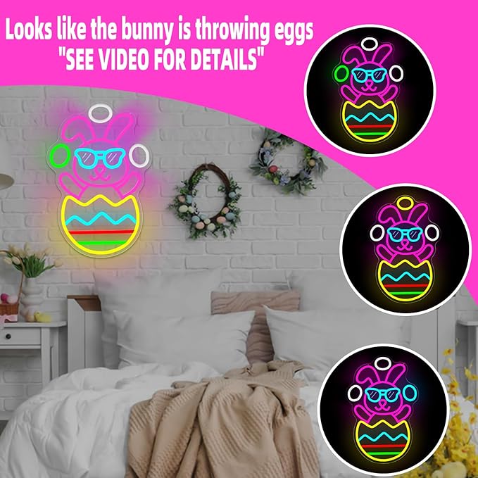 Easter Neon Sign for Wall Decor Bunny Throwing Eggs Led Sign Animated Bunny Neon Light Easter Decorations Funny Rabbit Light Up Signs for Window Spring Bar Home Holiday Party Gifts Business Coffee