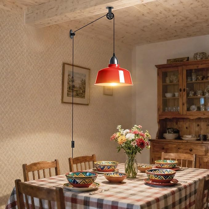 Plug in Pendant Light, Red Farmhouse Hanging Lights with Plug in Cord, Pulley Hanging Lamp, Industrial Pendant Lights Fixture for Kitchen Island, Bedroom, Dining Room, Living Room, Office