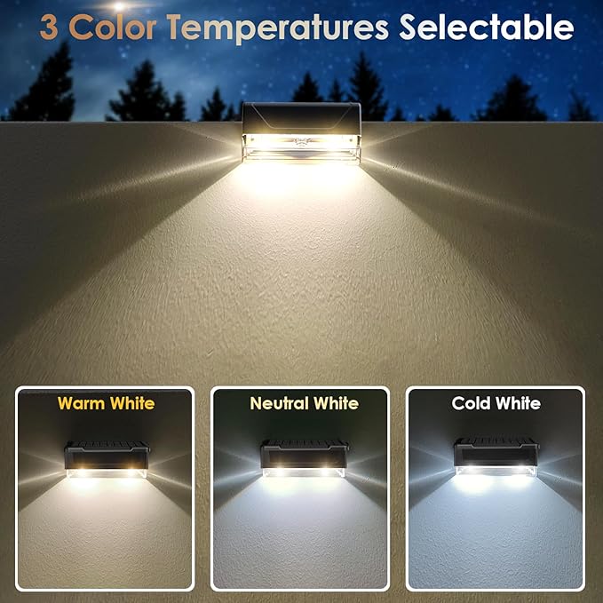 2PK Solar Fence Lights Outdoor - 3000/4000/6000K 3 Mode, IP65 Waterproof Fence Lights Solar Powered, Dusk to Dawn Solar Light for Outside, Backyard/Step/Patio/Deck/Stair Railings and Wall