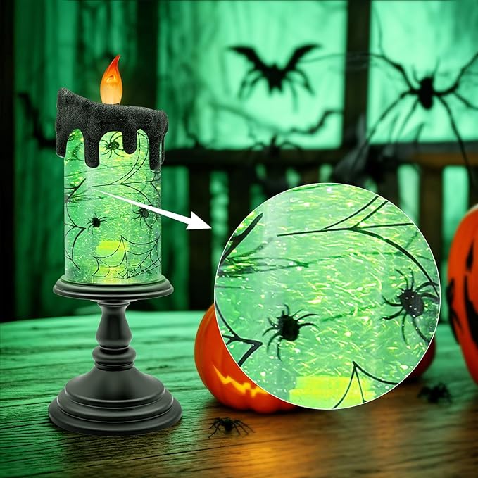 Halloween Spider Snow Globe Candle – LED Flameless Candle with Black Drip, Spooky Spider Web Design, Battery Operated Halloween Decoration for Table, Mantel, Party, Indoor Decor