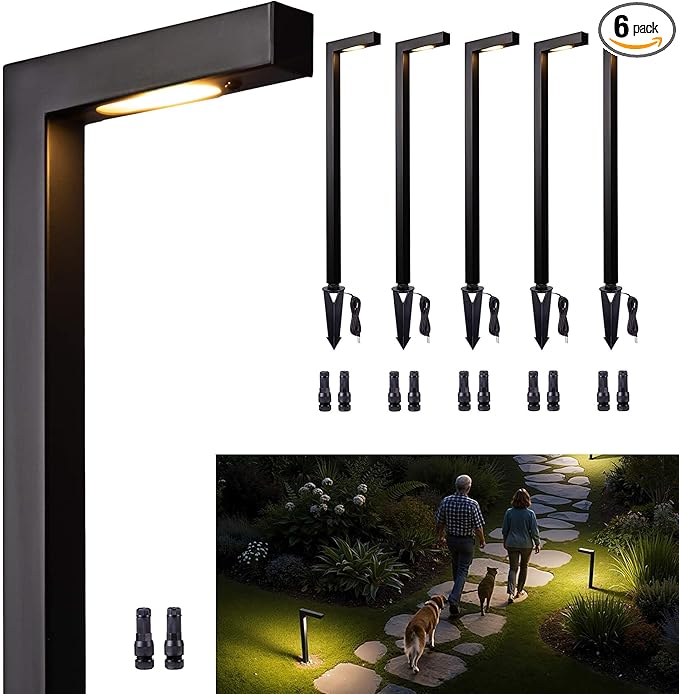Gardenreet Outdoor Path Lights Brass, LED Landscape Pathway Light, Low Voltage Driveway Lamp Waterproof, L Shape 12V Wired Black for Walkway Sidewalk Without G4 Bulb 6 Pack
