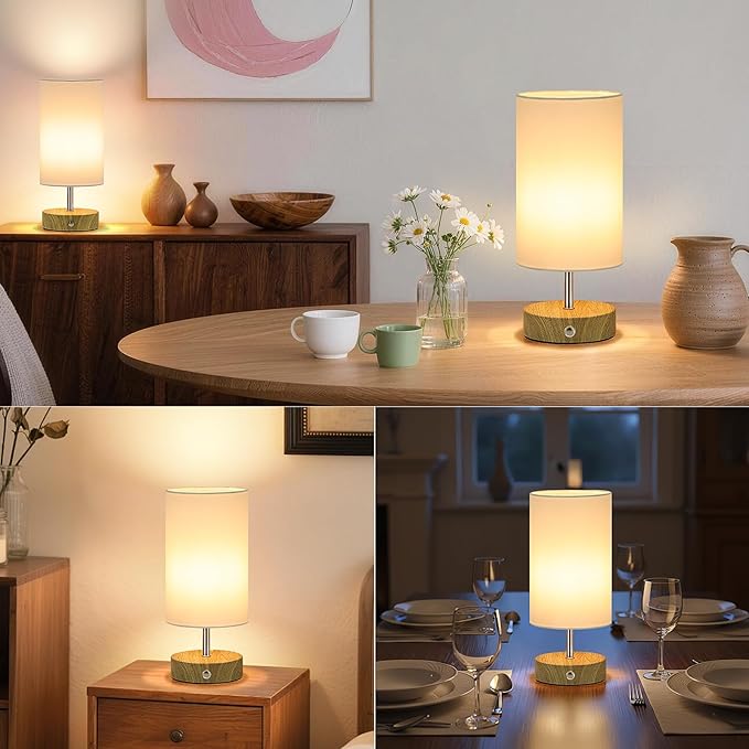 2-Pack Rechargeable Table Lamps, Cordless Bedside Lamps with Stepless Dimming, Portable 6000mAh Battery Operated LED Desk Lamps, Wireless Lamps with Wood-Grain Base, Modern Night Light for Bedroom