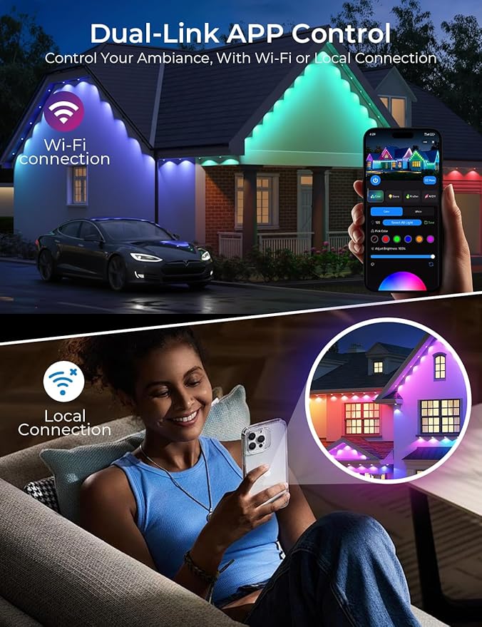 Smart Permanent Outdoor Lights Pro, 50ft 30LED RGB+IC+Warm/Cool White for Daily, 100+ Scene Modes, Waterproof Eaves Light for Halloween Christmas Decor, Works with Alexa, Google Assistant