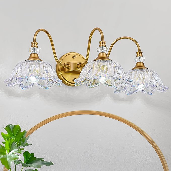 Vintage Bathroom Vanity Light, 3-Light Matte Brass Finish Vanity Light with Flower-Shaped Rainbow Glass Shades, Retro Wall Sconce for Bathroom