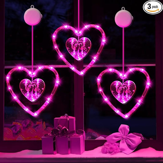 3 Pack Valentines Day Window Lights Decorations with Timer, Battery Powered Hanging Pink Lighted Heart Shaped Sucker LED Lamp for Indoor Home Decor