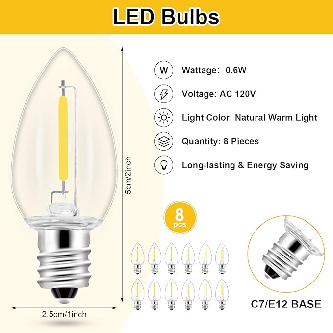 1Pack Accessory Cord with 8LED Light Bulbs and Outlet Christmas Village Light 14.7FT White Cord with Spare Fuse Warm White C7 Lamp Christmas Village Accessories for Village Houses Craft Decoration