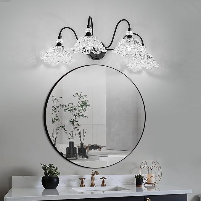 4-Light Matte Black Bathroom Vanity Light, Farmhouse Vanity Light with Floral Clear Glass Shades, Vintage Wall Mount Lighting for Bathroom