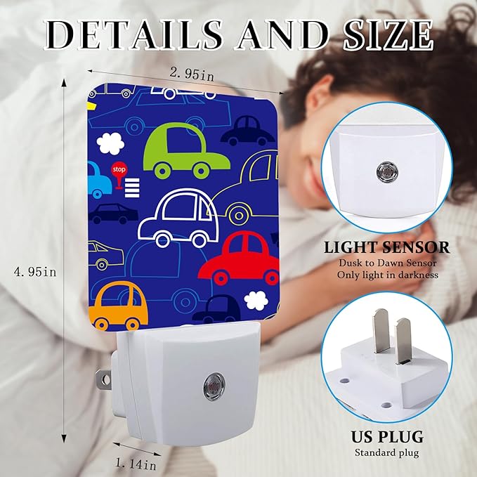 Cartoon Transport Night Light, Plug-into Wall Blue Cars Trucks Nightlight Lamp with Dusk to Dawn Sensor, Led Lamp 0.5W Energy Efficient for Boys Girls Adults Home Decor