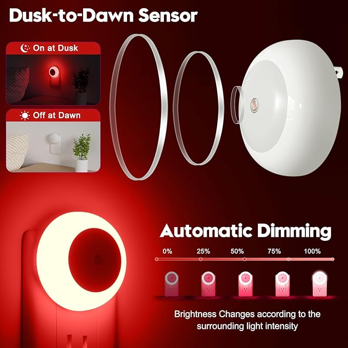 Night Light, Night Lights Plug into Wall, Dusk to Dawn Sensor, Red Led Night Light 0.5W, 2 Pack Nightlight for Adults, Bedroom, Bathroom, Hallway, Kitchen