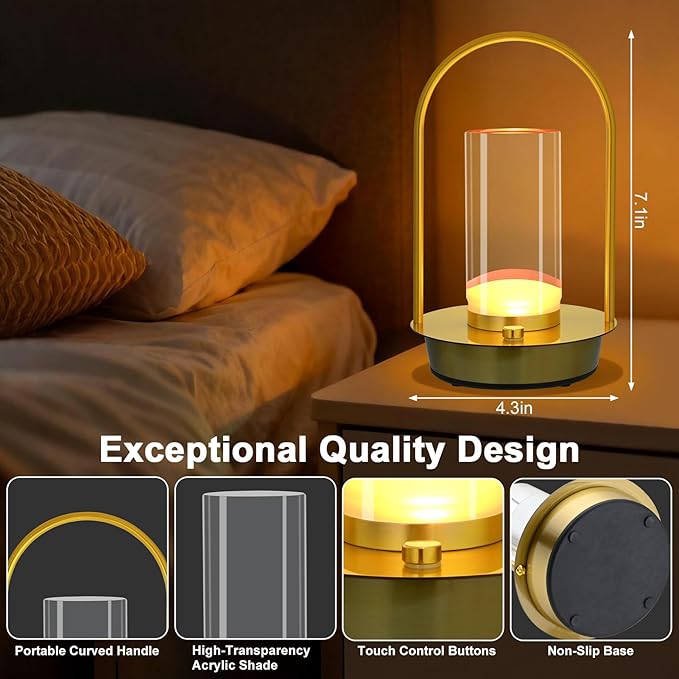 Cordless Table Lamp - Portable Lumisom Crystal Lantern with Touch & 3 Color Dimmable, Rechargeable Small Battery Powered Desk Lamp, Kiyagi Crystal Lantern for Bedroom Bedside Patio Camping Bar (Gold)