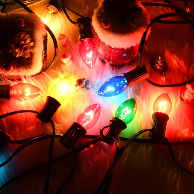 25 Pack Multi-color C7 Replacement Christmas Light Bulbs Vintage Colorful Light Bulbs, for Xmas C7 String Lights Replacement Bulbs & Christmas Tree Home Party Yard Color Bulb Decor, E12 Base, 5W