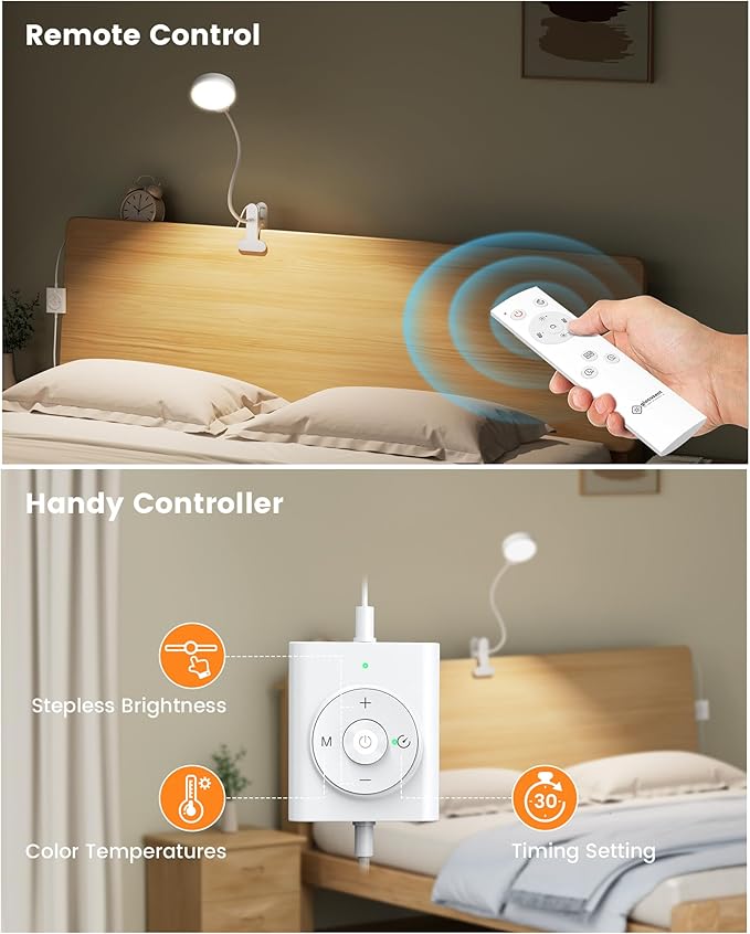 Glocusent 5W Reading Light for Bed, 36 LED Eye Caring Bed Lamp, 3 Colors & 5 Brightness Levels for Headboard with Adapter, Perfect Clip on Light for Reading, Working & Studying (White with Remote)