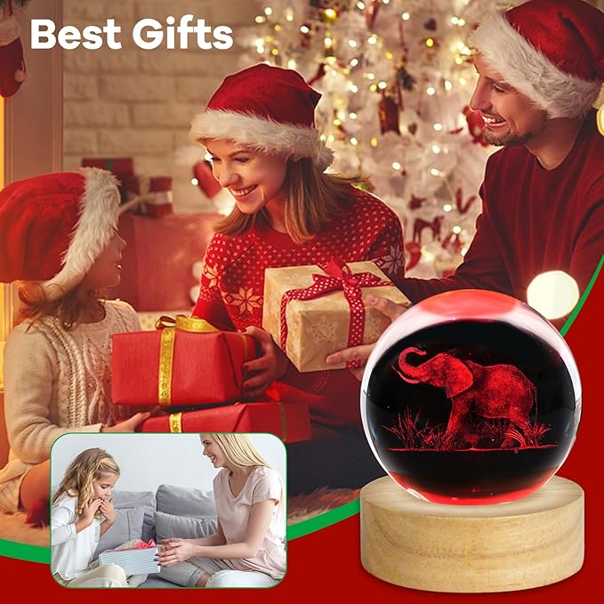 3D Elephant Engraved Crystal Ball Night Light 2.4in Figurines Decor Table Lamp With 16 Colors Change Remote Control for Birthday Christmas Gifts for Women Friends Kids Teen