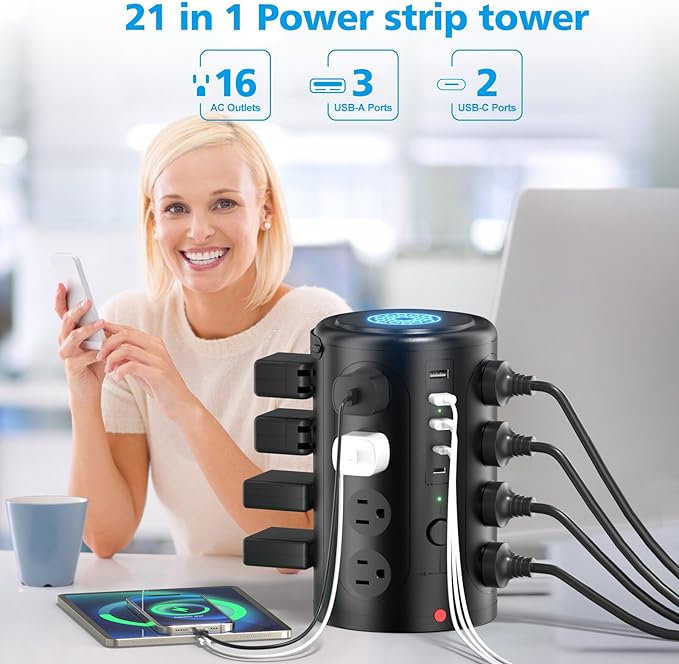 Surge Protector Power Strip,Desk Charging Station with 15W Wireless Charger, Multiple Outlets Charging Station with 16 AC Outlets & 5 USB (2 USB C) Port, for Home, Office, Dorm Room (10FT)