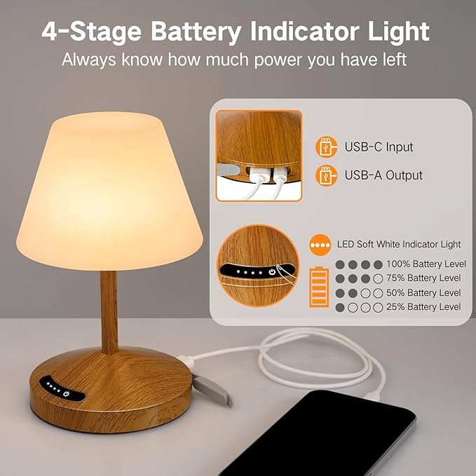 OUTON Rechargeable LED Shower & Table Lamp, Waterproof, USB Output, Stepless Dimming, 3 Colors, Power Indicator, Memory Function, Battery Operated Light for Home, Bathroom, Patio & Outdoor (Wood)