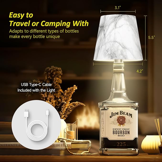2025 New Bottle Lamp - LED Bottle Lights for Liquor & Wine Bottles, Cordless Lampshade, Whiskey Bottle Top Light, Bottle Stopper Night Light Kit, Rechargeable 3-Tone Touch-Dimmable