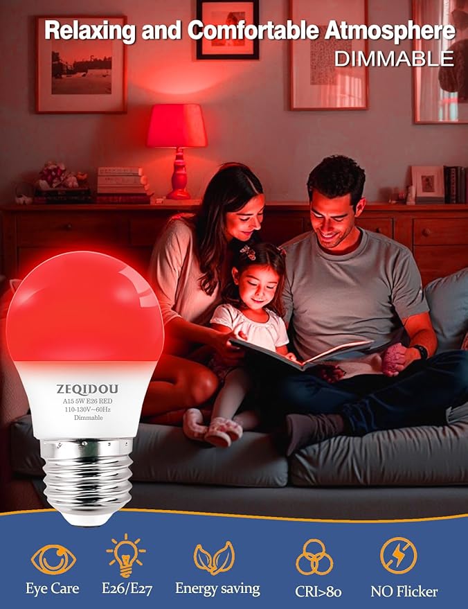 630nm Red Light Bulbs for Sleep Dimmable, 100% Blue Light Blocking, Sleep Light for Melatonin Promoting, A15 E26 5W(40W Equivalent) Dim Light Bulbs for Bedroom, Baby Nursery,4-Pack