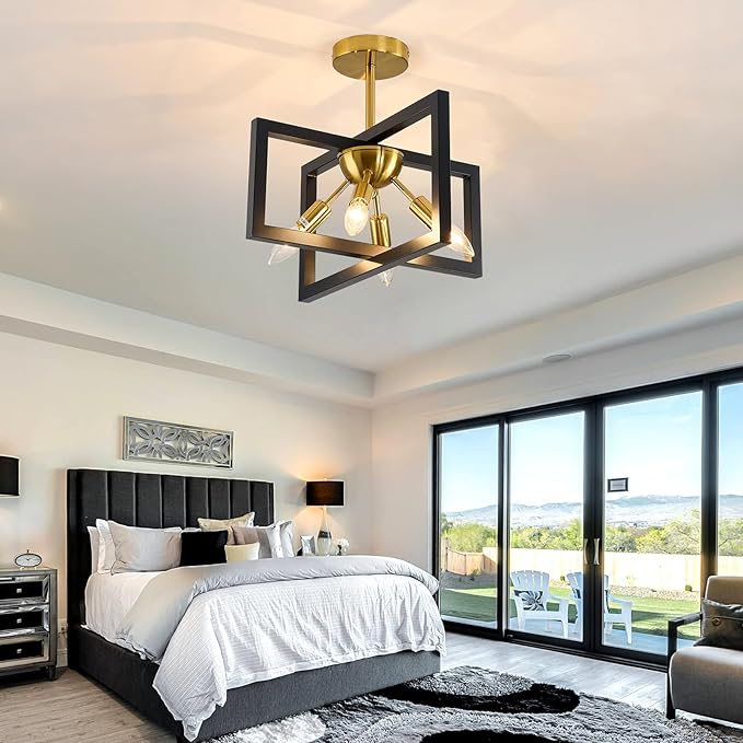 ZGLAOJT 4-Lights Ceiling Light Fixture Modern Black and Gold Semi Flush Mount Ceiling Lighting Matte Chandelier for Bedroom Kitchen Foyer Hallway Living Room Farmhouse