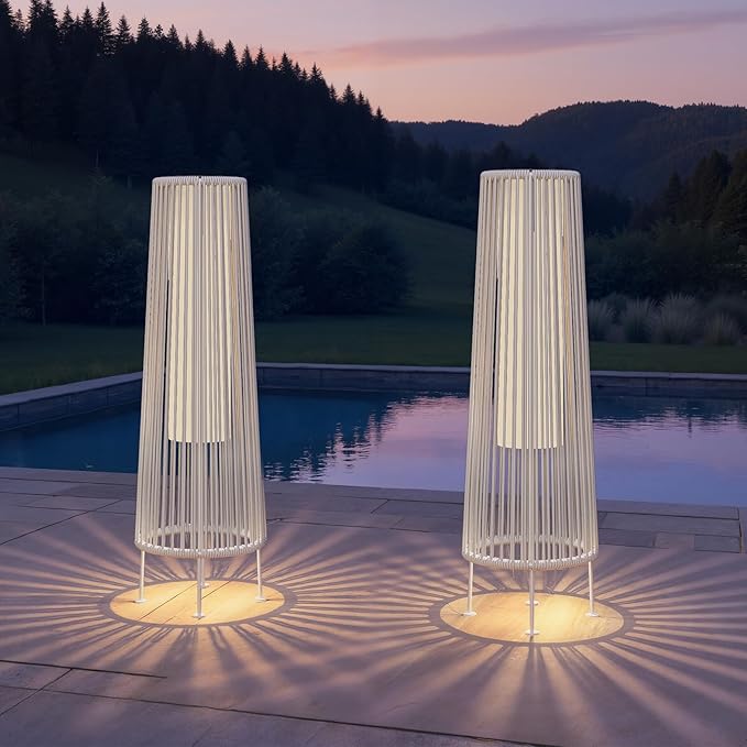 Grand patio Outdoor Floor Solar Light 2-Pack, Wicker Solar Patio Lamp Waterproof Outside Deck Lamp for Porch, Yard, Garden, Lawn Decorations - White, Gordes 2 PCS