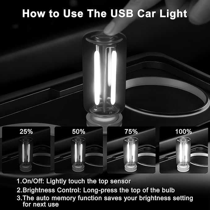 Car USB Night Light Touch Dimmable - 2-Pack Retro LED Filament Lamp for Truck Interior, Bedroom & Camping | Glass Bottle Ambiance Lighting (White)