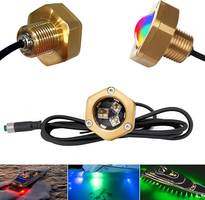 Standard 1/2in NPT Boat Drain Plug Light IP68 Waterproof RGBW Underwater Boat Trailer Light with APP RF Remote Control for Fishing Swimming Divinng, Anti-corrosion,Smart Cooling System
