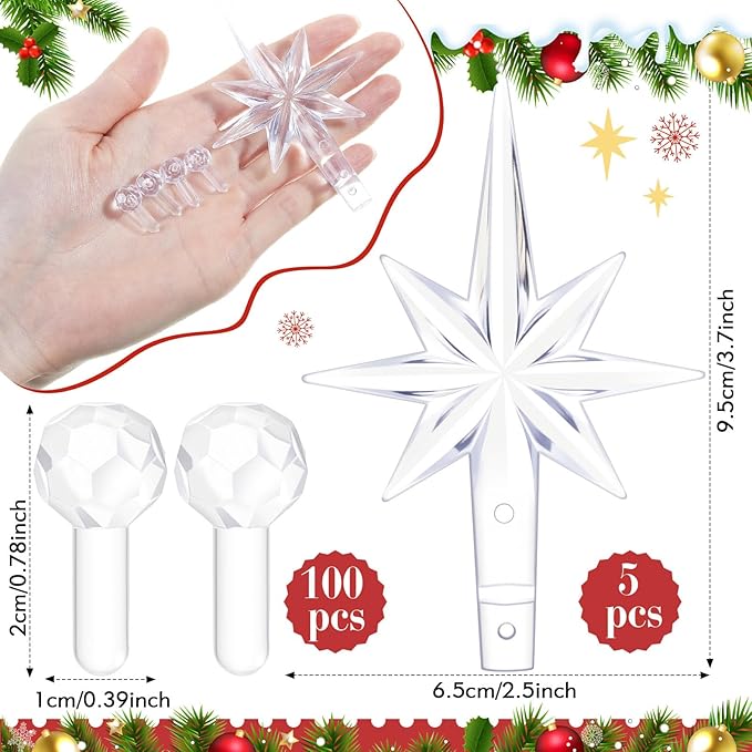 Boao 100 Pcs Ceramic Christmas Tree Bulbs with 5 Pcs Star Topper Light Ornaments Round and Heptagram Christmas Replacement Lights Bulbs for Village Xmas Tree Topper Decorations (Clear)