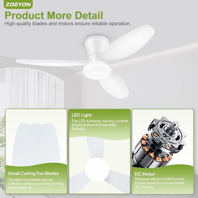 Small Ceiling Fan with Light - 42 Inch Flush Mount Ceiling Fan with Lights and Remote, Low Profile Ceiling Fans with 3 Reversible Blades, 6 Wind Speeds, White Ceiling Fans for Bedroom