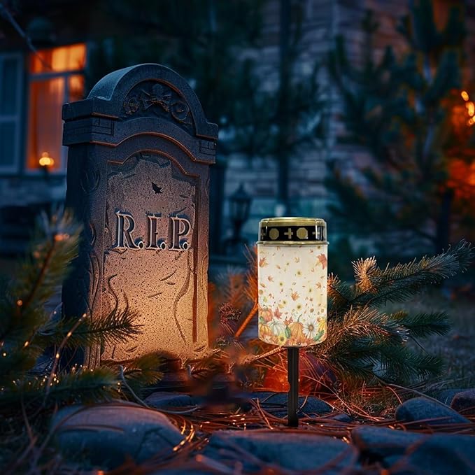 Fall Maple Leaf Pumpkin Prayer Cemetery Solar Lights for Grave Cemetery Decor Candle Lamp Solar Powered Landscape Lights for Grave