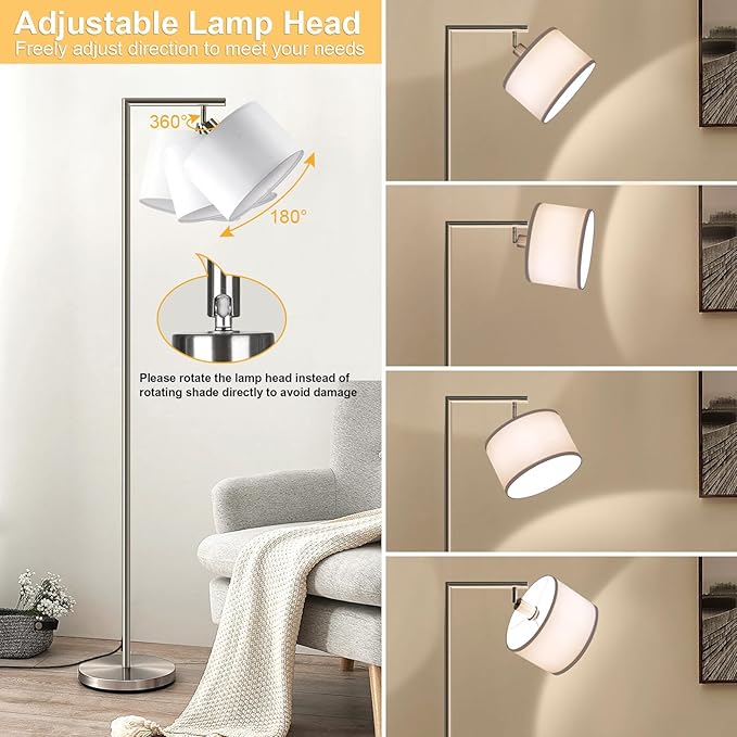 Boncoo Dimmable Silver Floor Lamp, Brushed Nickel Floor Lamps for Living Room with Adjustable White Shade, Tall Standing Lamp Modern Reading Light for Bedroom Office Nursery, 9W LED Bulb Included