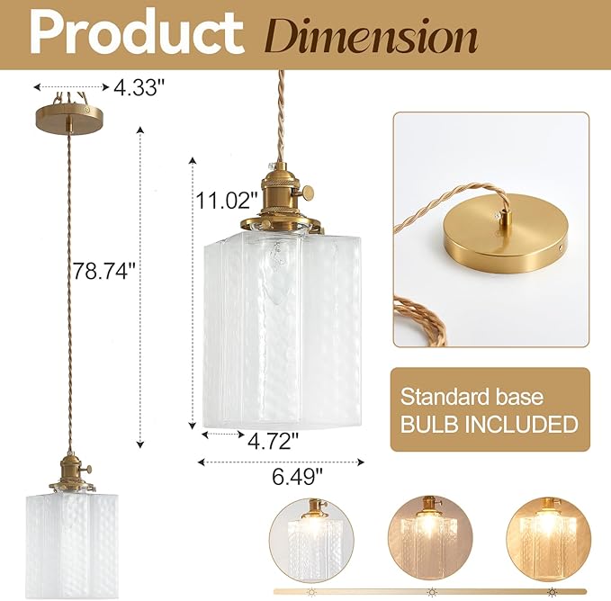 Hanging Lamp, 6.5 Inchs Cuboid Glass Lampshade Farmhouse Pendant Lights Kitchen Island 6.5ft Braided Light Cord Hanging Light for Bedroom Hallway Light Fixture with Light Bulb