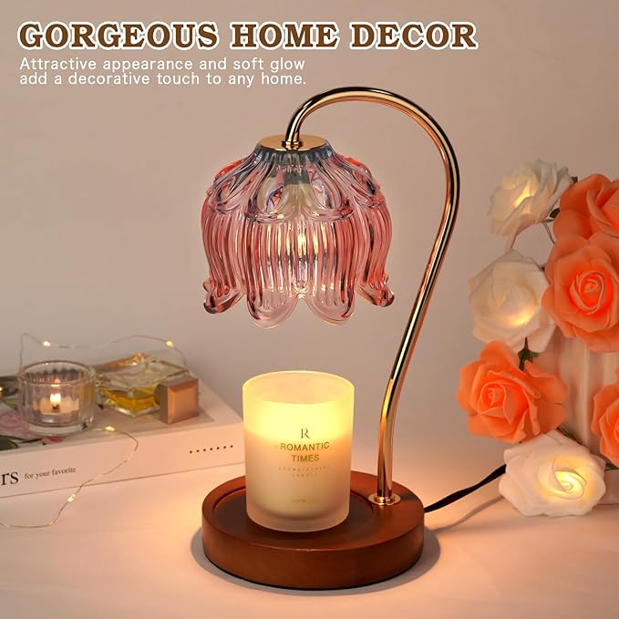 Dimmable Candle Warmer Lamp with Timer, Electric Candle Warmer Lamp, Women Birthday Gifts, Flower Candle Lamp Warmer for Family, Pink Blue Fragrance Candle Lamp for Modern Office Desk Decor