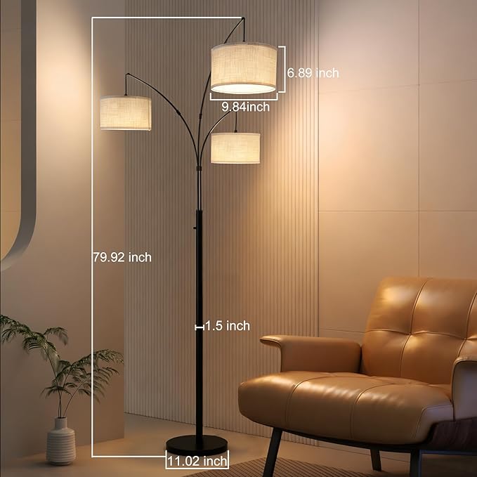 Dimmable Arc Floor Lamp, Rotary Switch Standing Lamp with Linen Shade and Heavy Base, Mid Century Tree Lamp for Bedroom, Office
