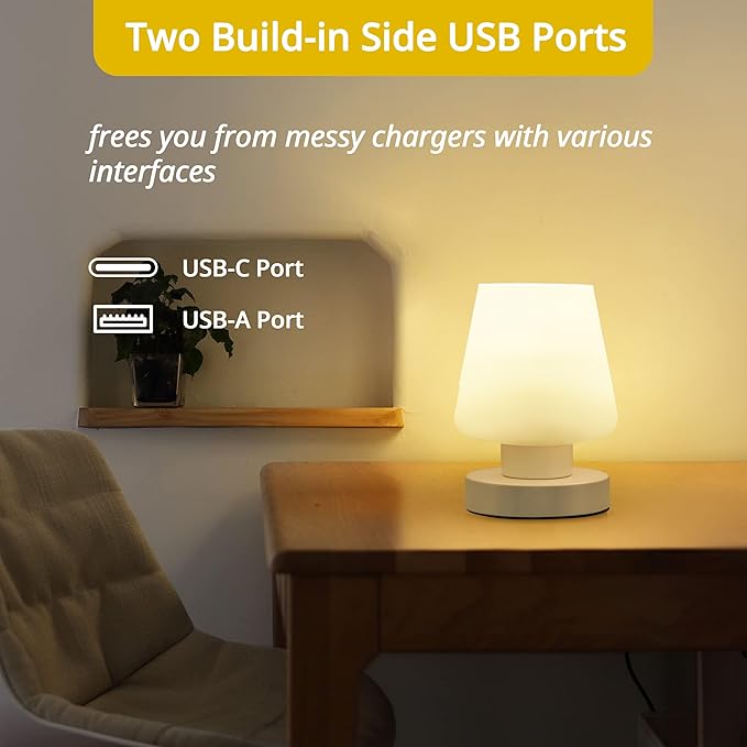 Touch Bedside Lamp, Mini Stepless Dimmable Table Lamps for Bedroom for Night Stands, Small Desk Lamp with Brightness Memory, USB Charging Ports, Warm LED Bulb, White, Conical Shape, 1 Set