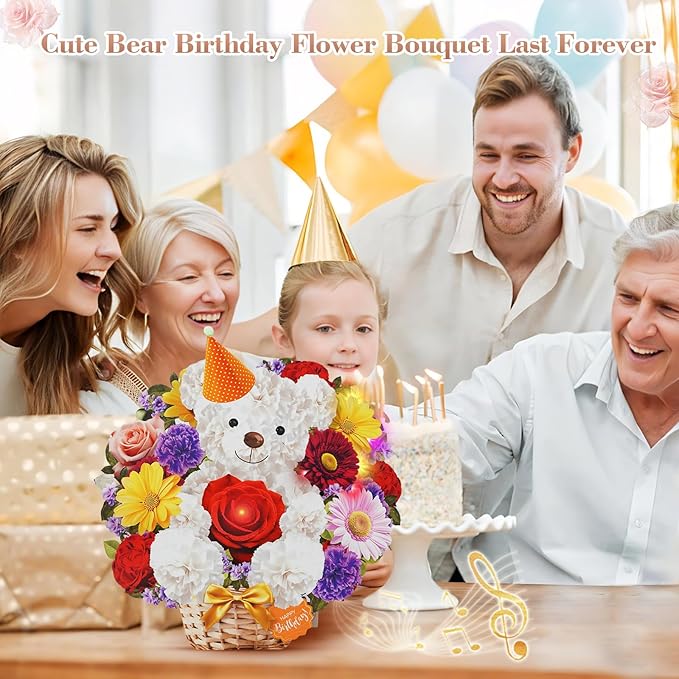 Birthday Cards with MUSIC & LIGHTS, Happy Birthday Card, Bear & Daisy, 10 Inch Life Sized Forever Flower Bouquet 3D Pop Up Greeting Card for Wife Mom Daughter Grandma Women