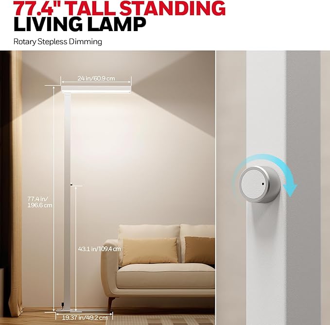 Honeywell 8000LM LED Floor Lamp, 02E Gen Sunturalux Eye-Caring Reading Standing Light, 80W Modern Natural Daylight 4000K Dimmable 77" Tall Floor Lamps for Living Room Kids Study Home Office White