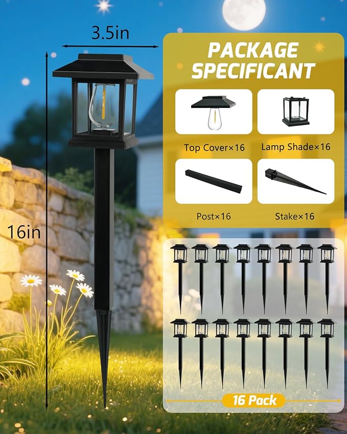 16-Pack Solar Lights Outdoor (Extra-Bright & Smart Auto On/Off), Solar Powered Garden Lights, Waterproof Solar Pathway Lights for Landscape, Path, Yard, Patio, Driveway, Walkway Decor (Warm White)