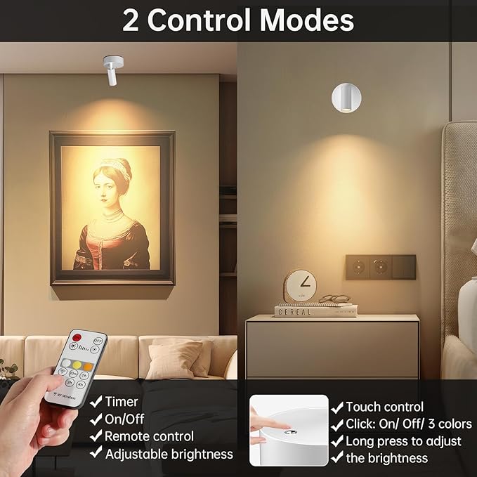 Wireless Led Spotlight Indoor, Plant Spotlight Indoor with Remote Dimmable, 350° Rotate,Uplighting Battery Powered Ceiling Light for Artwork Painting Plant Picture Lights, 2 Pack