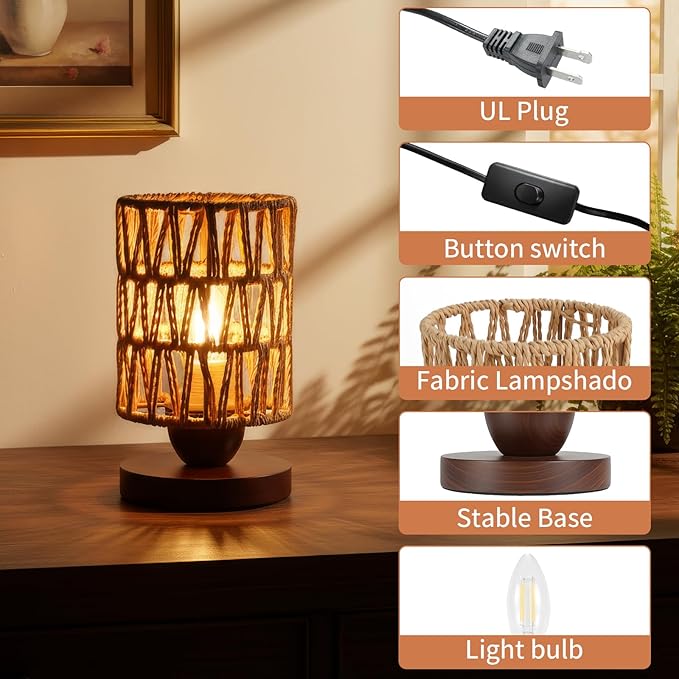 Handmade Rattan Lamp Farmhouse Table Lamp for Bedroom, Rustic Woven Lamps for Night Stands with Warm White LED Bulb, Boho-Inspired Boho Lamp for Living Room Kitchen Nook, 12cm Shade 20cm Height