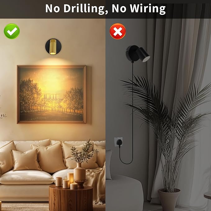 Spotlight Indoor, Wireless Uplighting Indoor with Remote Dimmable, 350° Rotate,Rechargeable Battery Powered Ceiling Spotlight for Artwork Painting Tree Plant Picture Lights Black and Gold