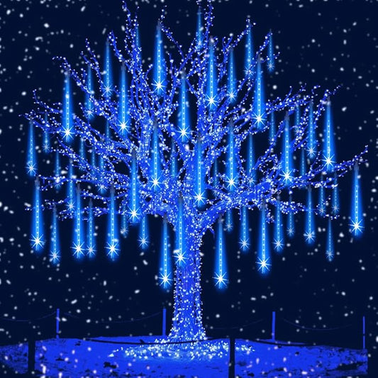 Aukora Christmas Lights Outdoor Meteor Shower Lights 12 inch 8Tubes 192LED UL Certified Falling Rain Drop Snow Icicle String Light for Xmas Tree Christmas Decorations Party Wedding Holiday Yard Blue