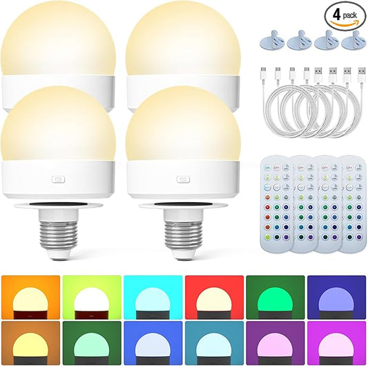 Rechargeable Battery Operated Light Bulb: E26 Wireless LED Night Light with Remote Control and Timer for Lamp, 3000mAh Dimmable Magnetic Puck Lights, 3 Color Temperatures+12 RGB Colors, Outdoor, 4pcs