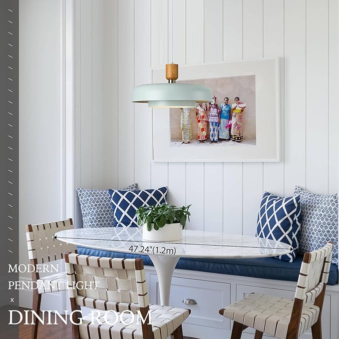 Mid Century Chandelier 19.68 inch, 2 Tiers Light Blue Shade, Natural Wood and Brass Accent,Large Pendant Lights for Kitchen Island, Dining Room, Living Room