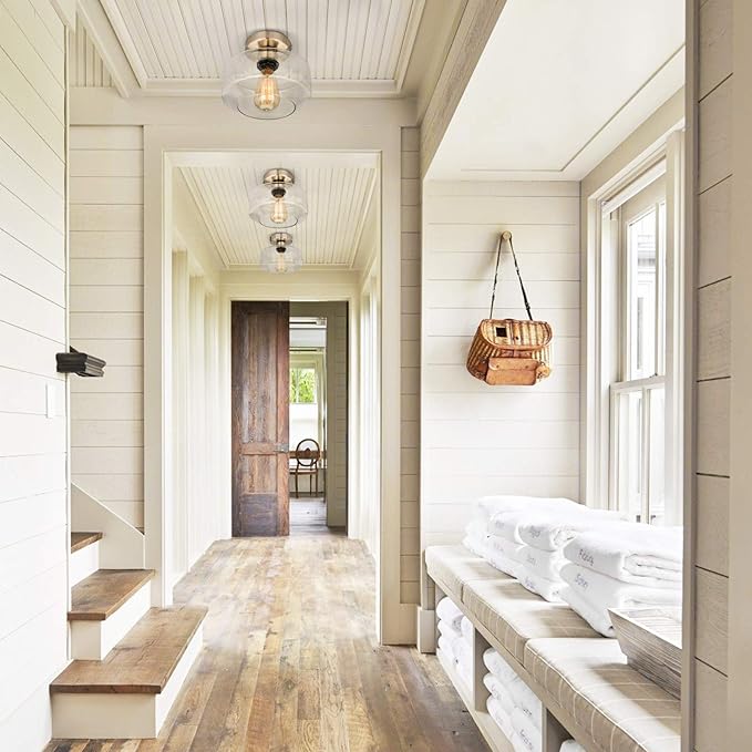 SunRider Semi Flush Mount Ceiling Light Fixtures, Brushed Nickel Industrial Seeded Glass Lamp, Silver Ceiling Light for Kitchen Hallway Porch Bedroom