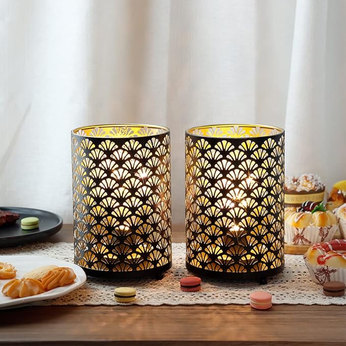 TRIROCKS Set of 12 Table Lamp 6.5'' Tall Metal Cordless Table Lamp Bronze Lanterns with Warm Fairy Lights Bulb for Patio Garden Wedding Parties Indoor Outdoor(Scalloped Hollow Pattern)
