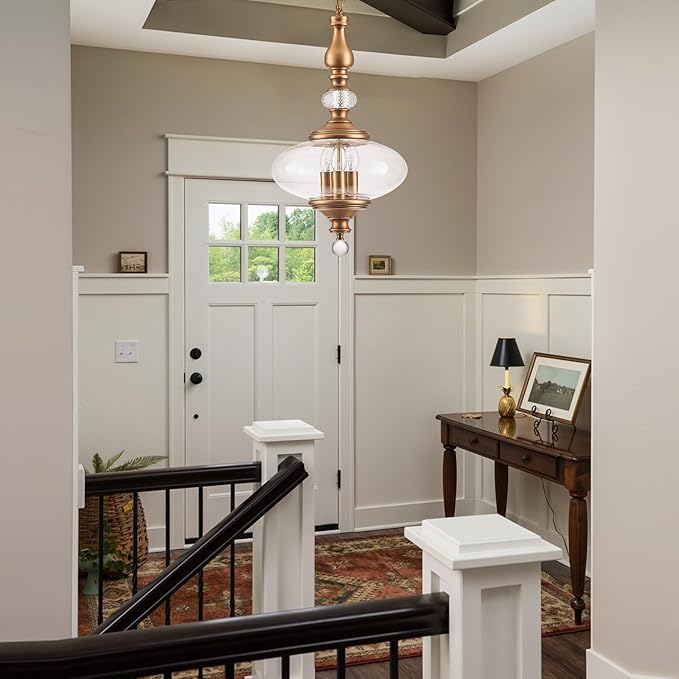 Vintage Kitchen Island Pendant Light Antique Brushed Brass Glass Pendant Light for Kitchens, Dining Rooms Stairs W 11.8 in. H 23.6 in.