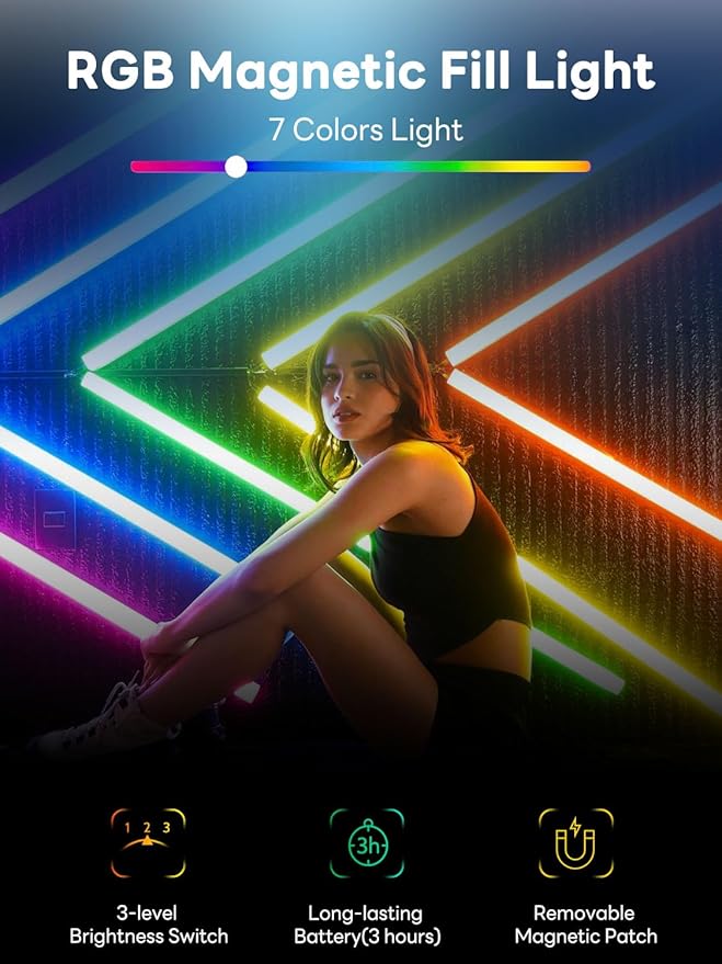 AOCHUAN Magnetic RGB LED Fill Light,7 Colors, 3 Brightness Levels, 180 Mins Standby, Gradient & Flash Modes, Portable Lighting for AOCHUAN Gimbal, Photography, Vlogging, Live Streaming
