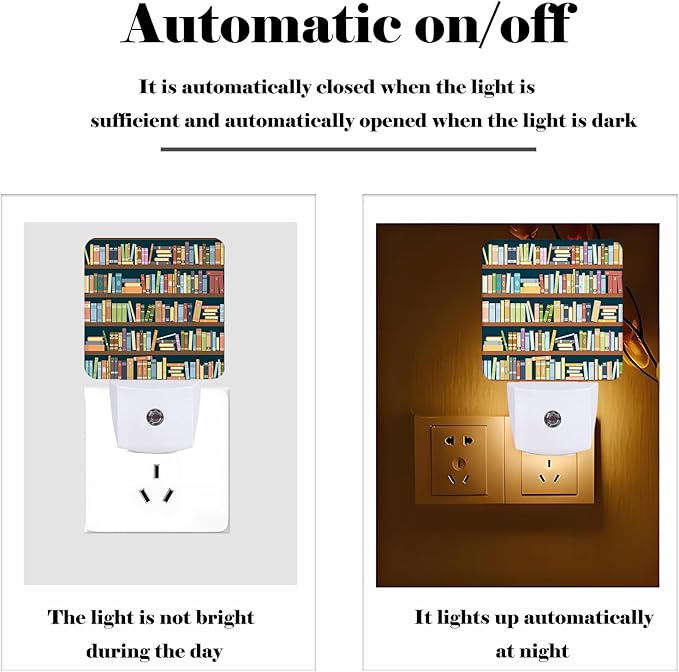 Bookshelves Full of Books Night Light,Plug-in Night Lights with Dusk to Dawn Sensor for Stairway,Hallway,Bedroom Sleep Friendly Ideal for Women/Girls/Boys Gift,0.5w