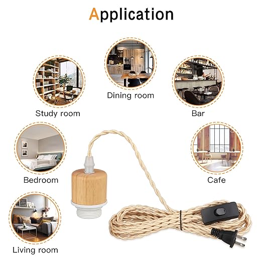 15ft Wood Pendant Light Cord Kit with Shade Ring and ON Off Switch, Hanging Lamp Kit Plug in Cord for Farmhouse, Vintage Swag Light Bulb Cord DIY Twisted Nylon Rope for E26 E27 Socket