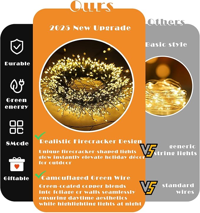 ITICdecor Solar Powered String Lights Outdoor 9.8FT 120 LED Waterproof Firecracker Fairy Lights with 8 Modes Green Copper Wire for Christmas Garden Wedding Patio Garden Yard Decor