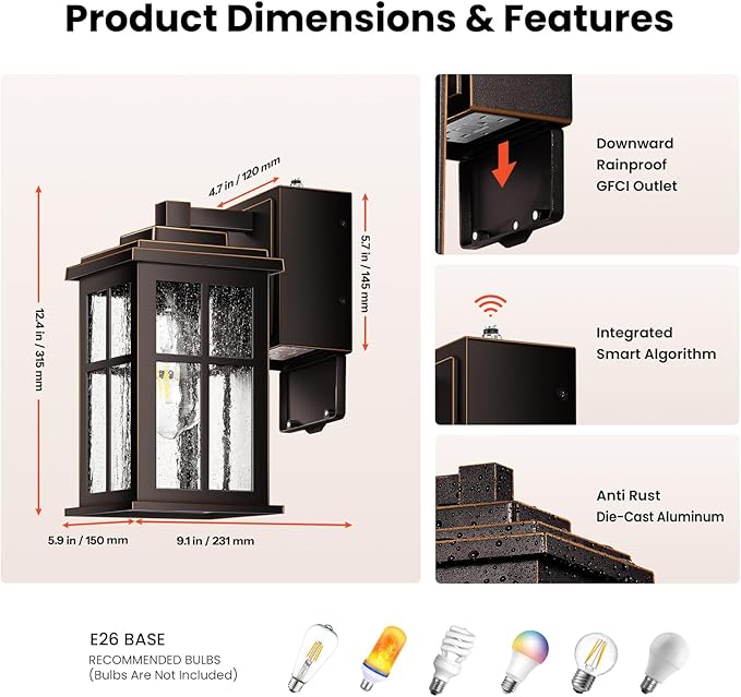 Gleamz Outdoor Porch Light with GFCI Outlet, Oil Rubbed Bronze Gold Trim Farmhouse Exterior Lighting Fixtures Wall Mount for Garage, Anti-Rust Outside Lights for House with Outlet, Outdoor Wall Sconce